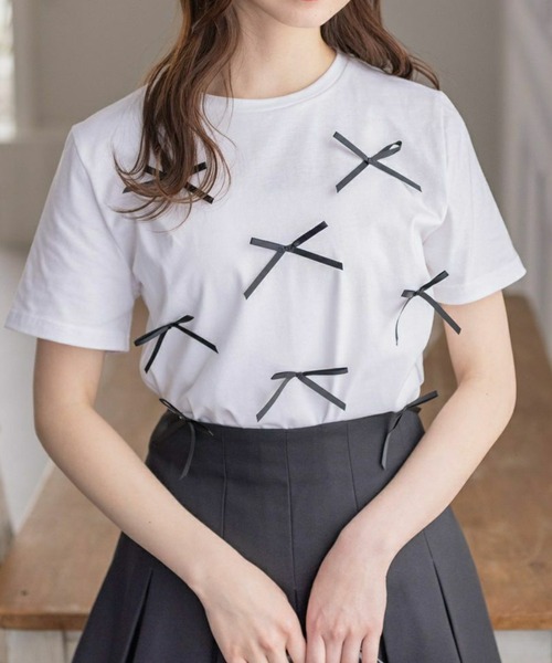 clear（クリア）の「リボンモチーフTシャツ［バレエコア フレンチ カジュアル ガーリー］≪再入荷≫（Tシャツ/カットソー・レディース・オフホワイト/ピンク/ブラック・F）」の2枚目の写真