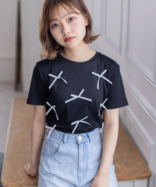 clear（クリア）の「リボンモチーフTシャツ［バレエコア フレンチ カジュアル ガーリー］≪再入荷≫（Tシャツ/カットソー・レディース・オフホワイト/ピンク/ブラック・F）」の21枚目の写真