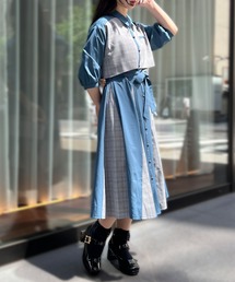 axes femme | チェック×パッチワークワンピース(シャツワンピース)