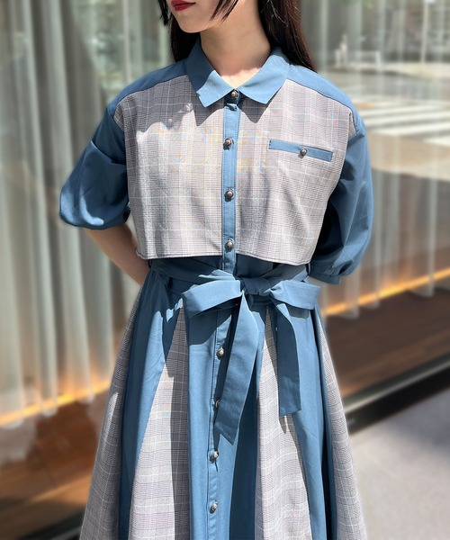 【セール】チェック×パッチワークワンピース（シャツワンピース）｜axes femme（アクシーズファム）