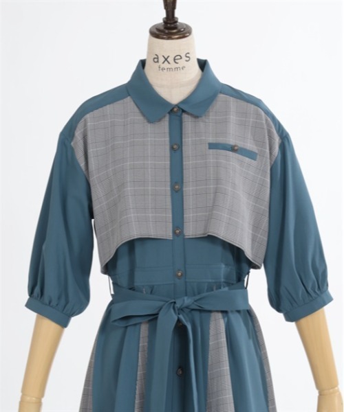 【セール】チェック×パッチワークワンピース（シャツワンピース）｜axes femme（アクシーズファム）