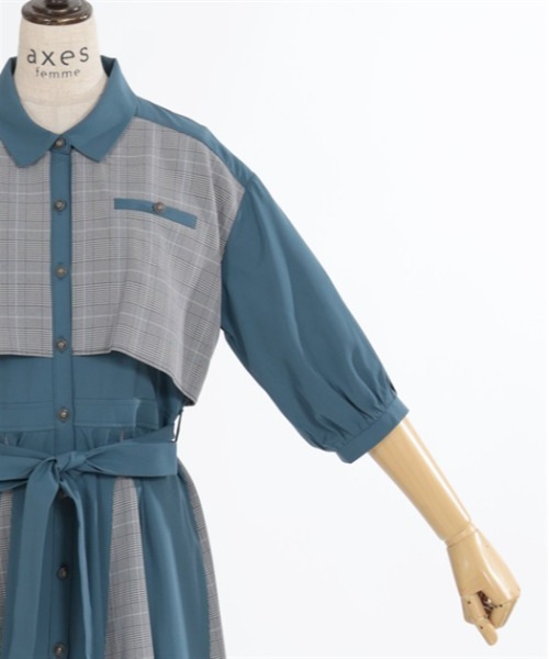 【セール】チェック×パッチワークワンピース（シャツワンピース）｜axes femme（アクシーズファム）