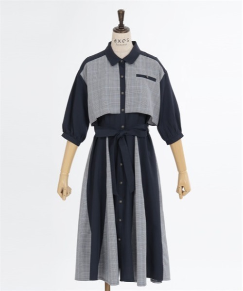 【セール】チェック×パッチワークワンピース（シャツワンピース）｜axes femme（アクシーズファム）