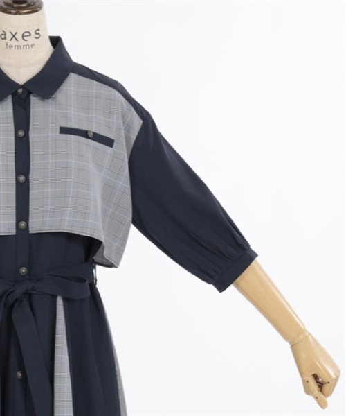 【セール】チェック×パッチワークワンピース（シャツワンピース）｜axes femme（アクシーズファム）