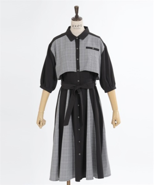 【セール】チェック×パッチワークワンピース（シャツワンピース）｜axes femme（アクシーズファム）