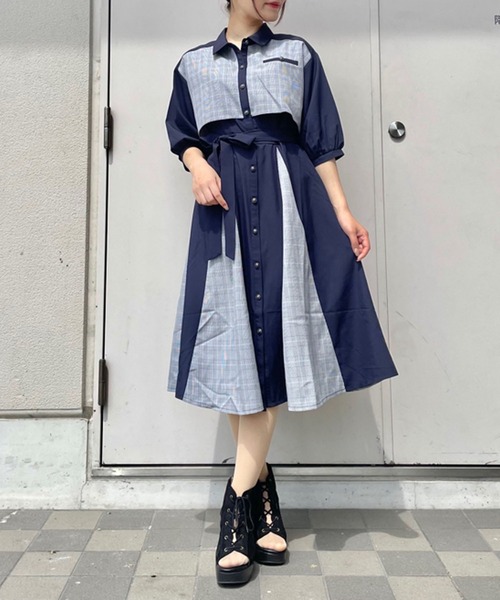【セール】チェック×パッチワークワンピース（シャツワンピース）｜axes femme（アクシーズファム）