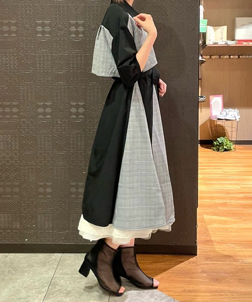 【セール】チェック×パッチワークワンピース（シャツワンピース）｜axes femme（アクシーズファム）