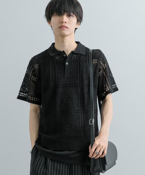 SENSE OF PLACE by URBAN RESEARCH（センスオブプレイスバイアーバンリサーチ）の「クロシェライクニットポロシャツ(5分袖)（ニット/セーター・メンズ・ライトカーキ/オレンジ/ブラック・MEDIUM/LARGE）」の2枚目の写真