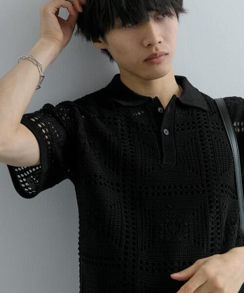 SENSE OF PLACE by URBAN RESEARCH（センスオブプレイスバイアーバンリサーチ）の「クロシェライクニットポロシャツ(5分袖)（ニット/セーター・メンズ・ライトカーキ/オレンジ/ブラック・MEDIUM/LARGE）」の4枚目の写真