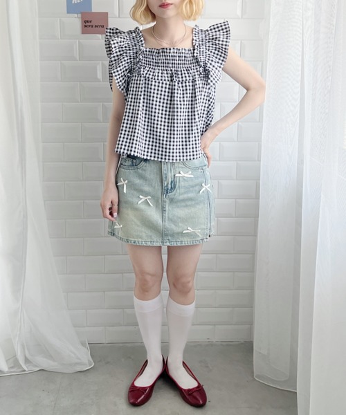 Loueme(ルエム)の「メニーリボンデニムミニスカート(スカート・レディース・ライトブルー・S/M)」の6枚目の写真