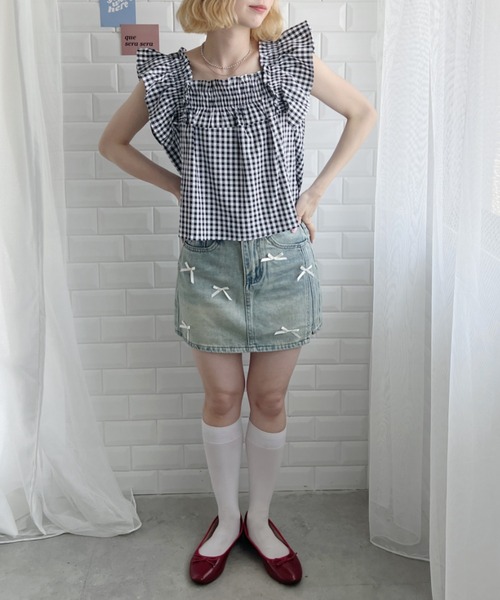 Loueme(ルエム)の「メニーリボンデニムミニスカート(スカート・レディース・ライトブルー・S/M)」の7枚目の写真