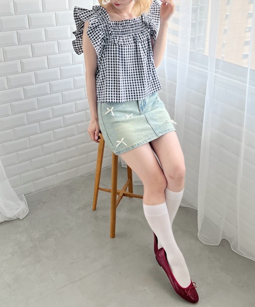 Loueme(ルエム)の「メニーリボンデニムミニスカート(スカート・レディース・ライトブルー・S/M)」の9枚目の写真
