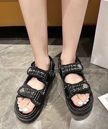 ビジュー付き ミックスツイード コンフォート 厚底 サンダル
