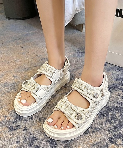 Lace Ladies(レースレディース)の「ビジュー付き ミックスツイード コンフォート 厚底 サンダル(サンダル・レディース・ブラック/ホワイト・ 25/24.5/24/23.5/23/22.5)」の11枚目の写真