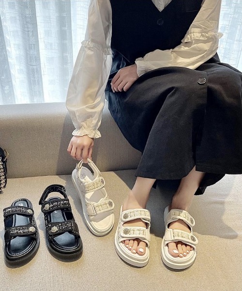 Lace Ladies(レースレディース)の「ビジュー付き ミックスツイード コンフォート 厚底 サンダル(サンダル・レディース・ブラック/ホワイト・ 25/24.5/24/23.5/23/22.5)」の13枚目の写真