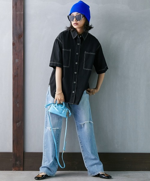 GEVS.(ジェイヴィス)の「<大きいサイズ> 配色ステッチチュニックシャツ GEVS.(シャツ/ブラウス・レディース・ブラック/ベージュ・3L/4L/5L/L/LL)」の6枚目の写真