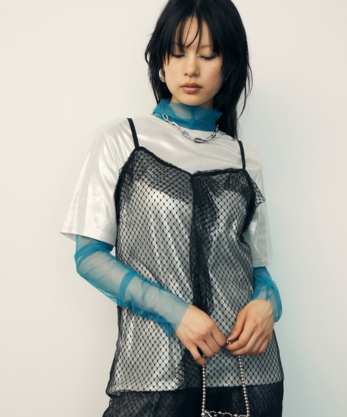 uyu.(ウユ)の「Mesh Sheer Ruffle Cami Dress / メッシュシアーフリルキャミワンピース【uyu./ウユ】(ワンピース・レディース・ブラック/ピンク・FREE)」の3枚目の写真