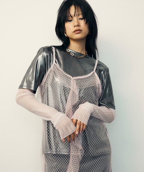 uyu.(ウユ)の「Mesh Sheer Ruffle Cami Dress / メッシュシアーフリルキャミワンピース【uyu./ウユ】(ワンピース・レディース・ブラック/ピンク・FREE)」の9枚目の写真