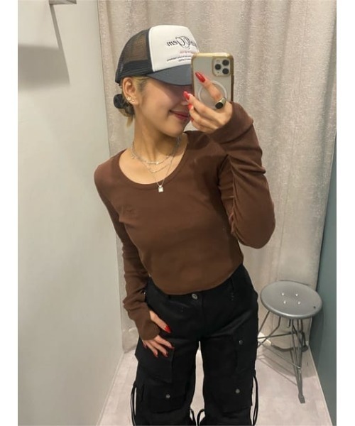 LAGUA GEM（ラグアジェム）の「LAGUA LOGO RIB トップス（Tシャツ/カットソー・レディース・ブラック/ホワイト/ブラウン/ブルー/杢グレー・FREE）」の14枚目の写真