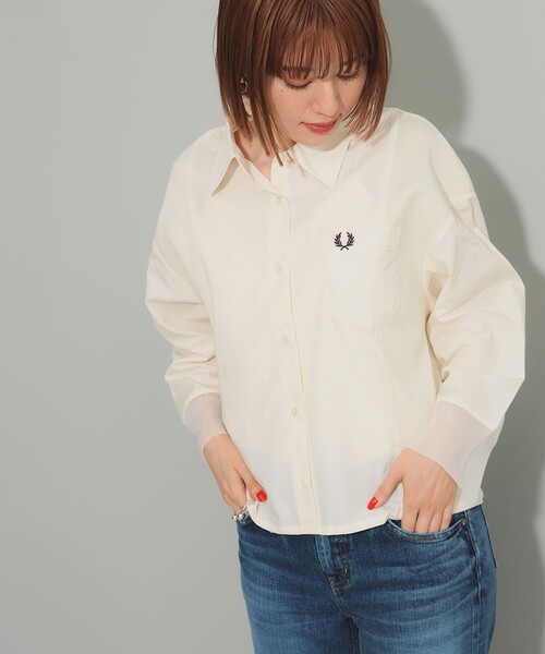 FRED PERRY（フレッドペリー）の「【別注】FRED PERRY / Sheer Knit Panneled Shirt（シャツ/ブラウス・レディース・ナチュラル/ブラック・ONE SIZE）」の2枚目の写真