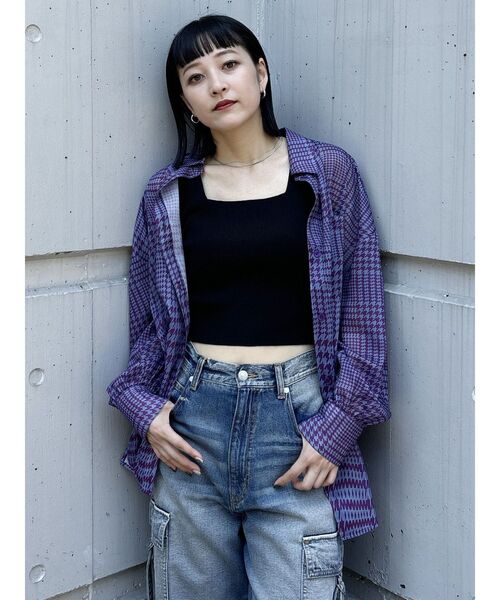 MURUA（ムルーア）の「ウェーブチェックシアーシャツ（シャツ/ブラウス・レディース・グレー/パープル・FREE）」の10枚目の写真