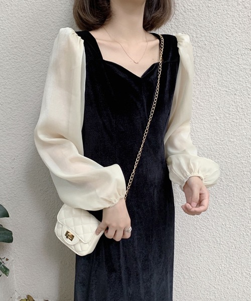 ベロア シフォン ワンピース シアー ボタニカル 黒 韓国 n4149 ベロア シフォン ワンピース シアー ボタニカル 黒 韓国 n4149