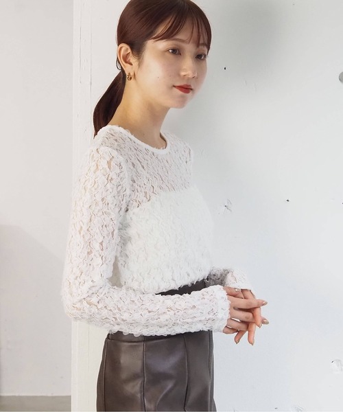 tiptop(ティップトップ)の「シアーフリルレースクルーネックロンT(Tシャツ/カットソー・レディース・ブラック/オフホワイト・FREE)」の6枚目の写真
