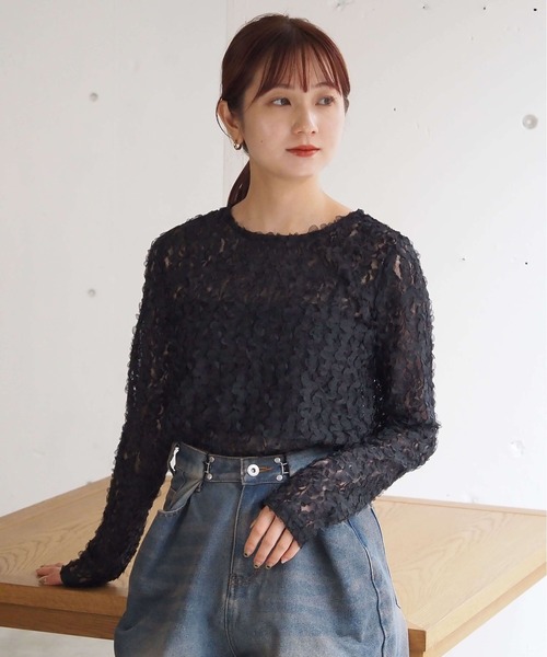 セール】シアーフリルレースクルーネックロンT（Tシャツ