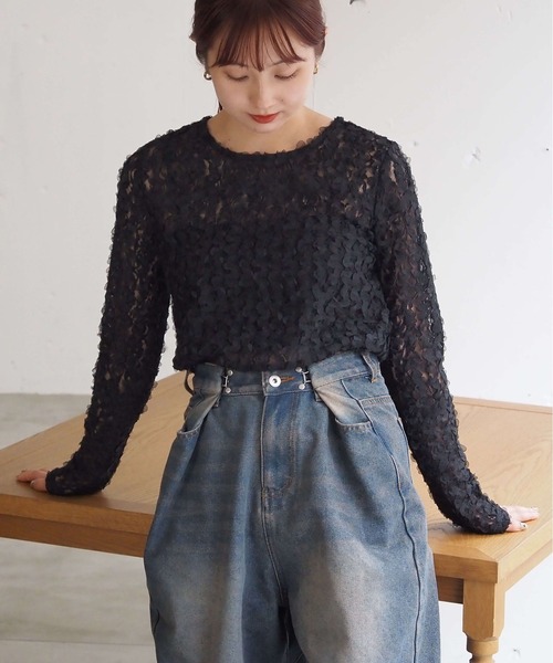 tiptop(ティップトップ)の「シアーフリルレースクルーネックロンT(Tシャツ/カットソー・レディース・ブラック/オフホワイト・FREE)」の14枚目の写真