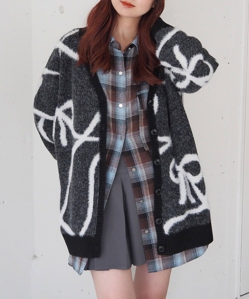 セール】フェザーモールリボンVネックカーディガン（カーディガン