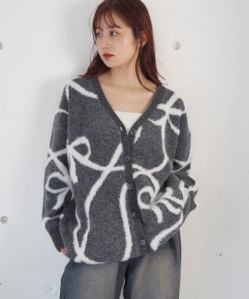 セール】フェザーモールリボンVネックカーディガン（カーディガン