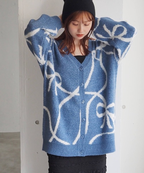 セール】フェザーモールリボンVネックカーディガン（カーディガン