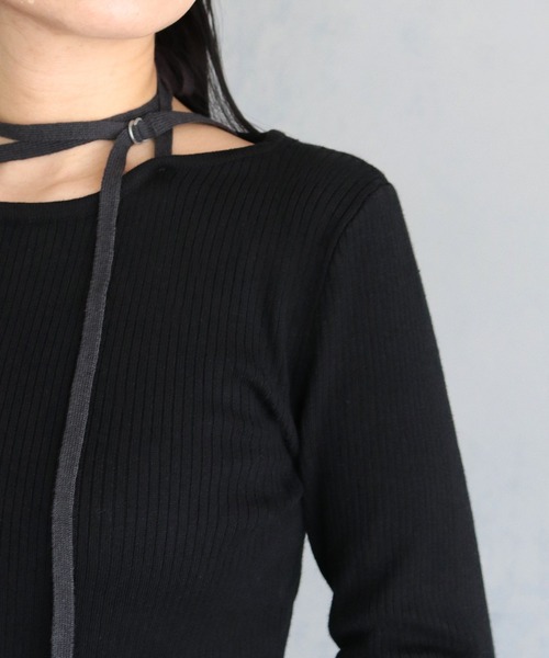 &g'aime】ストラップチョーカーリブニットトップス STRAP CHOKER
