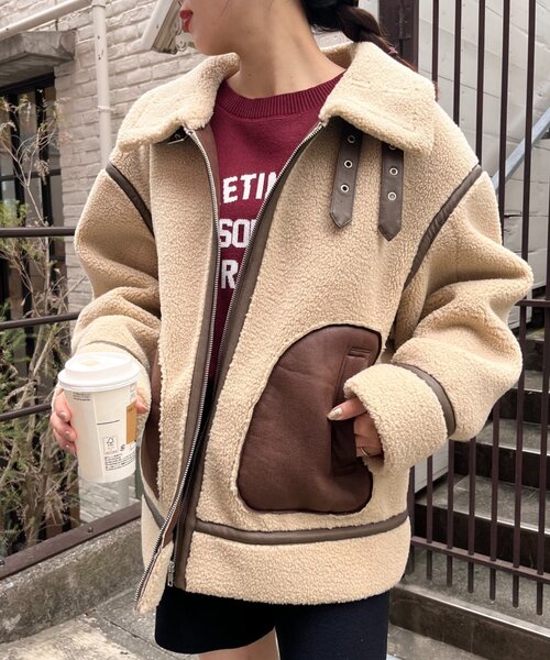 CIAOPANIC TYPY（チャオパニックティピー）の「【WEB限定】ボアB-3ジャケット（ムートンコート・レディース・ベージュ/ブラック・ONE SIZE）」の5枚目の写真