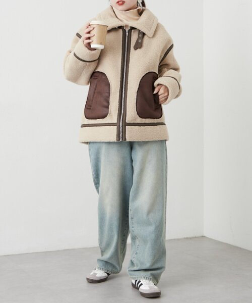 CIAOPANIC TYPY（チャオパニックティピー）の「【WEB限定】ボアB-3ジャケット（ムートンコート・レディース・ベージュ/ブラック・ONE SIZE）」の14枚目の写真