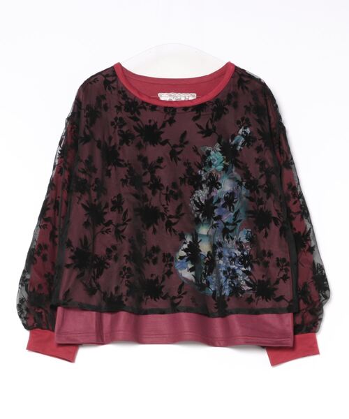 【セール】543254：異国の風景とバイオリン 花柄フロッキーチュール重ねプルオーバー（Tシャツ/カットソー）｜iS ScoLar（イズスカラー）