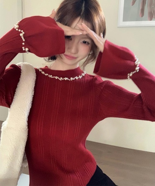 Miniministore(ミニミニストア)の「パール付きニットトップス フレアスリーブ(ニット/セーター・レディース・モカ/ワインレッド/ブラック/ライトベージュ/ホワイト・FREE)」の22枚目の写真