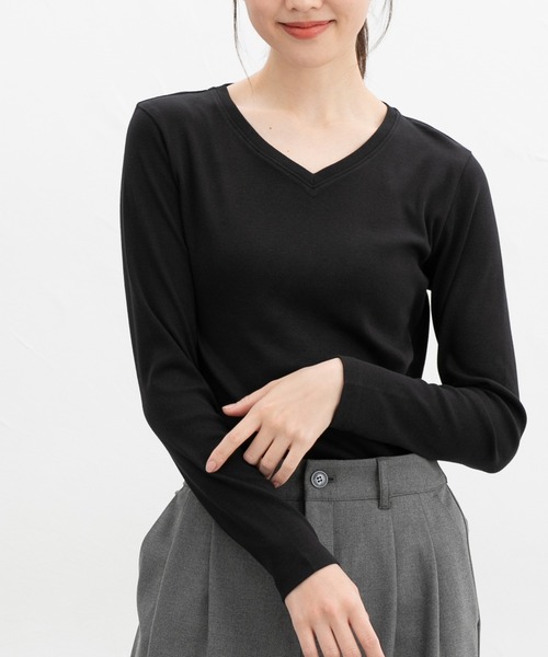 Honeys(ハニーズ)の「オーガニックVネックT(Tシャツ/カットソー・レディース・ブラック/サックスブルー/ホワイト×ブラック/ミント・M/LL/L)」の1枚目の写真