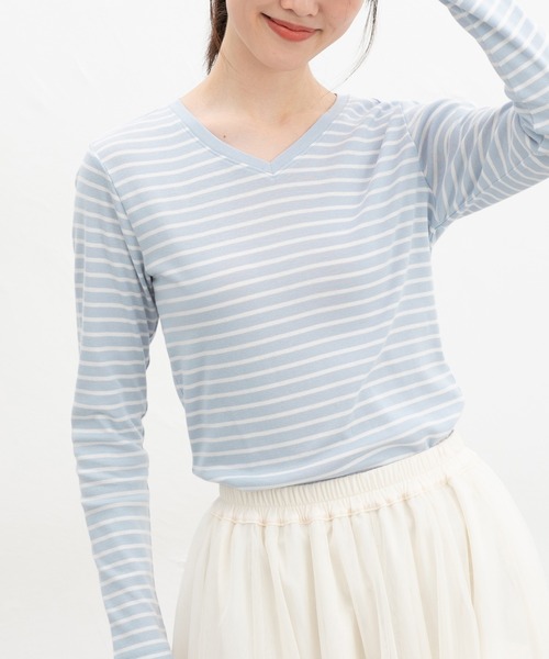 Honeys(ハニーズ)の「オーガニックVネックT(Tシャツ/カットソー・レディース・ブラック/サックスブルー/ホワイト×ブラック/ミント・M/LL/L)」の11枚目の写真