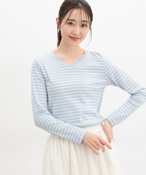 Honeys(ハニーズ)の「オーガニックVネックT(Tシャツ/カットソー・レディース・ブラック/サックスブルー/ホワイト×ブラック/ミント・M/LL/L)」の12枚目の写真
