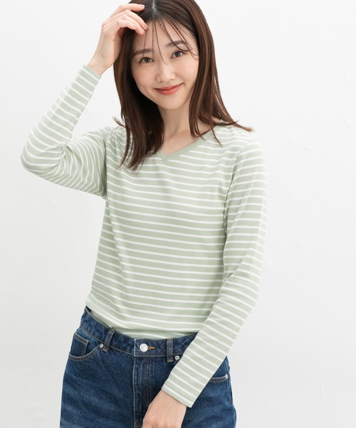 Honeys(ハニーズ)の「オーガニックVネックT(Tシャツ/カットソー・レディース・ブラック/サックスブルー/ホワイト×ブラック/ミント・M/LL/L)」の15枚目の写真