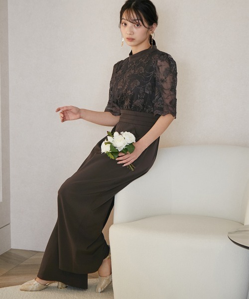 Jolie et Jolie(ジョリーエジョリー)の「スタンドカラー刺繍レースオールインワンパンツドレス(パンツドレス・レディース・ブラウン/ネイビー・L/M/3L/LL)」の14枚目の写真