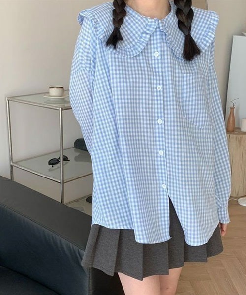 Mayree（メイリー）の「【Mayree】ビッグカラー フリル ギンガムチェック ボリュームスリーブ ブラウス（シャツ/ブラウス・レディース・ブルー・SMALL/MEDIUM/LARGE）」の2枚目の写真