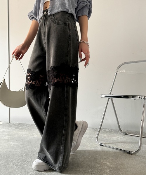 ✨美品✨ミカーレミカーレ デニム ワイド パンツ レース スカート 刺繍 異素材 ✨美品✨ミカーレミカーレ デニム ワイド パンツ レース