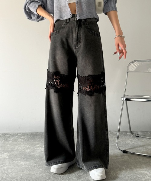 プリンテッド レース インディゴ デニム ワイド ラッフル デニム スカート PRANK PROJECT デニムスカート アシンメトリービッグラッフルスカート