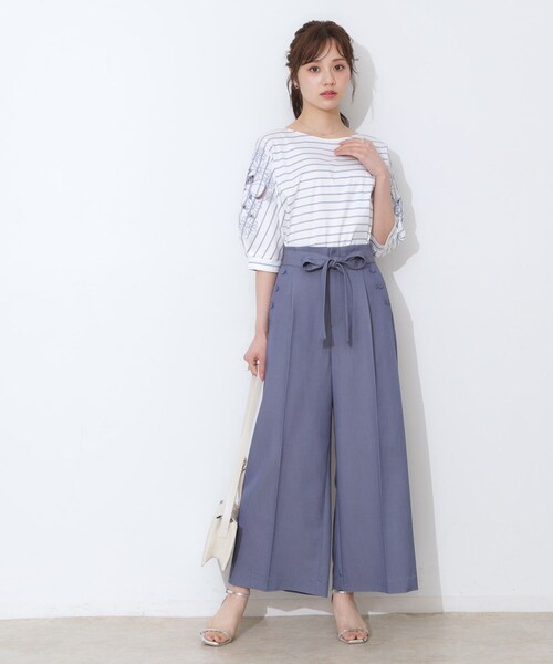 couture brooch（クチュールブローチ）の「【リボン付き・通勤】シャンブレーワイドパンツ（その他パンツ・レディース・ネイビー/ライトブルー・38/36/42/40）」の3枚目の写真