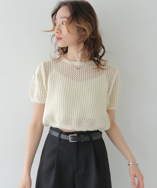 CLEIO（クレイオ）の「【CLEIO】クロップドメッシュニット CROPPED MESH KNIT/737-13677（ニット/セーター・レディース・ブラック/アイボリー/ライトブルー/ライトカーキ・FREE）」の2枚目の写真