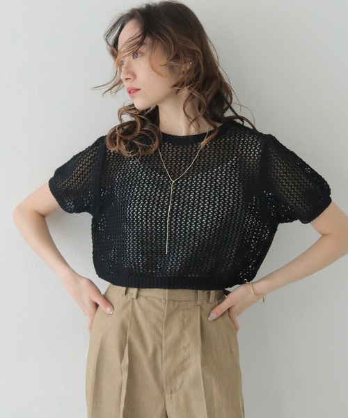 CLEIO（クレイオ）の「【CLEIO】クロップドメッシュニット CROPPED MESH KNIT/737-13677（ニット/セーター・レディース・ブラック/アイボリー/ライトブルー/ライトカーキ・FREE）」の3枚目の写真
