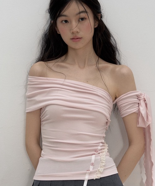 tシャツ リボンデザインオフショルダートップス SP25s053「SunsetPark」「2025SS」 レディース リボンデザインオフショルダートップス SP25s053【SunsetPark