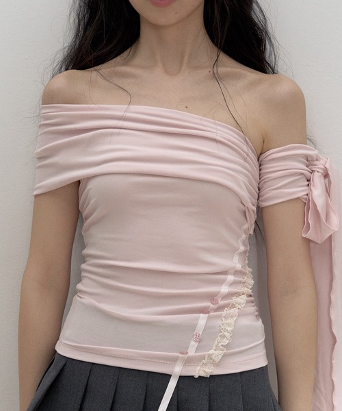 tシャツ リボンデザインオフショルダートップス SP25s053「SunsetPark」「2025SS」 レディース リボンデザインオフショルダートップス SP25s053【SunsetPark
